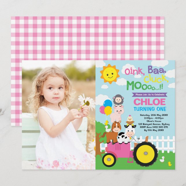 Farm Barnyard Animals Old MacDonald Girl Birthday Inbjudningar (Fram/baksida)