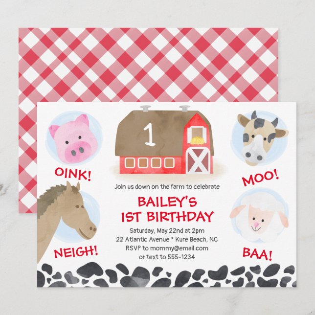 Farm Barnyard Animals Red Gingham Boy Birthday Inbjudningar (Fram/baksida)