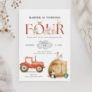 Farm Barnyard Roligt Fjärde födelsedagen Inbjudningar