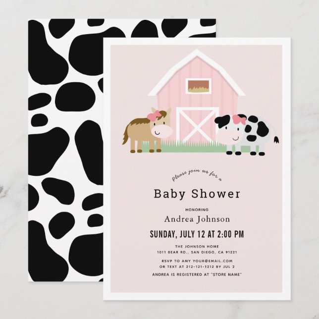 Farm Barnyard Rosa Girl Baby Shower Inbjudningar (Fram/baksida)