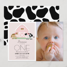 Farm Barnyard Rosa Girl Photo 1st Birthday Inbjudningar