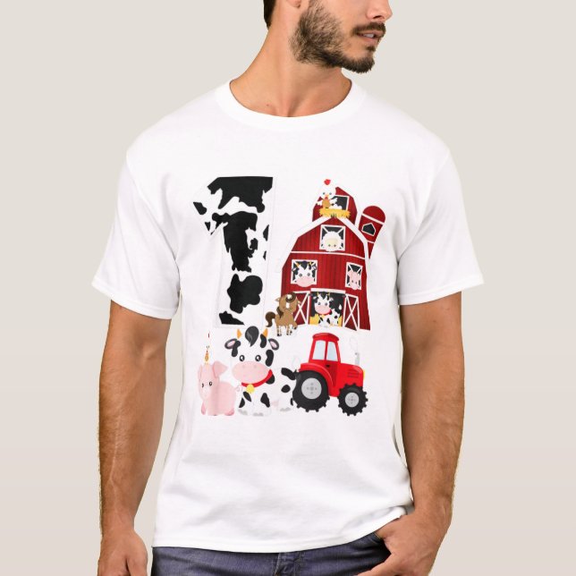 Farm Barnyard Theme Gris Cow Horse 1:a födelsedage T Shirt (Framsida)