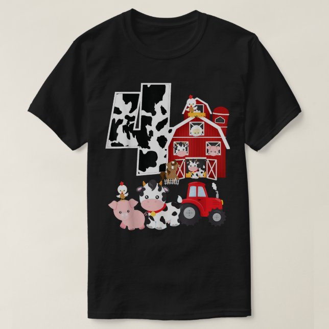 Farm Barnyard Theme Gris Cow Horse 4e födelsedagen T Shirt (Design framsida)