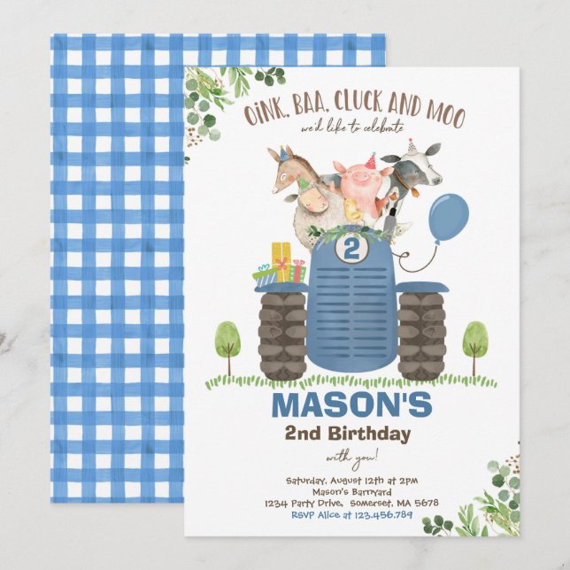 Farm Birthday Boy Old MacDonald Barnyard Party Inbjudningar (Fram/baksida)