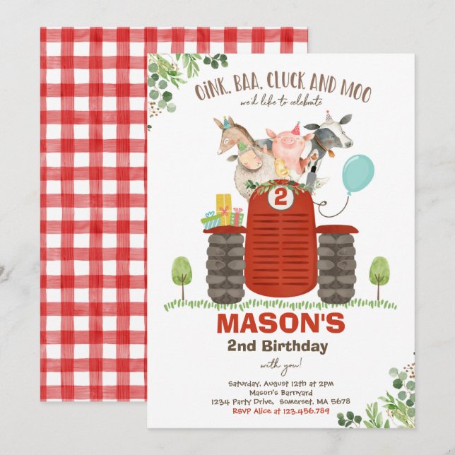 Farm Birthday Boy Old MacDonald Barnyard Party Inbjudningar (Fram/baksida)