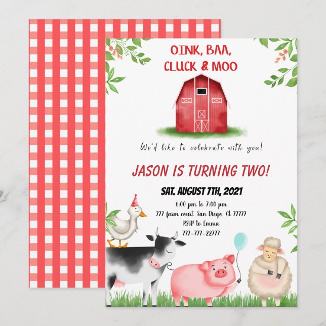 Farm Birthday Inbjudningar (Fram/baksida)