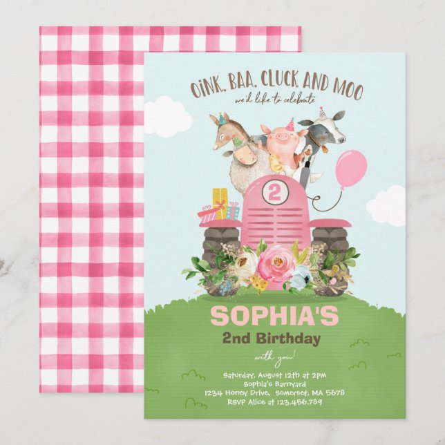 Farm Birthday Rosa Old MacDonald Barnyard Party Inbjudningar (Fram/baksida)