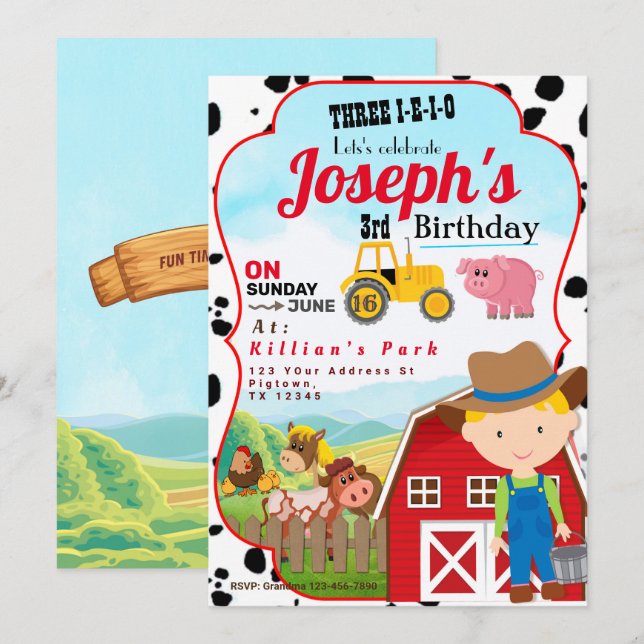 FARM BOY 3rd BIRTHDAY INVITATION THREE-I-I-I-O Inbjudningar (Fram/baksida)