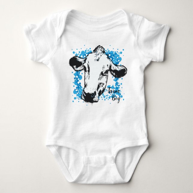 Farm Boy Blue Cow Baby Bodykostym T Shirt (Framsida)