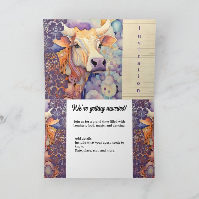 Farm bröllop event Colorful Cow lila Inbjudan (Inuti)