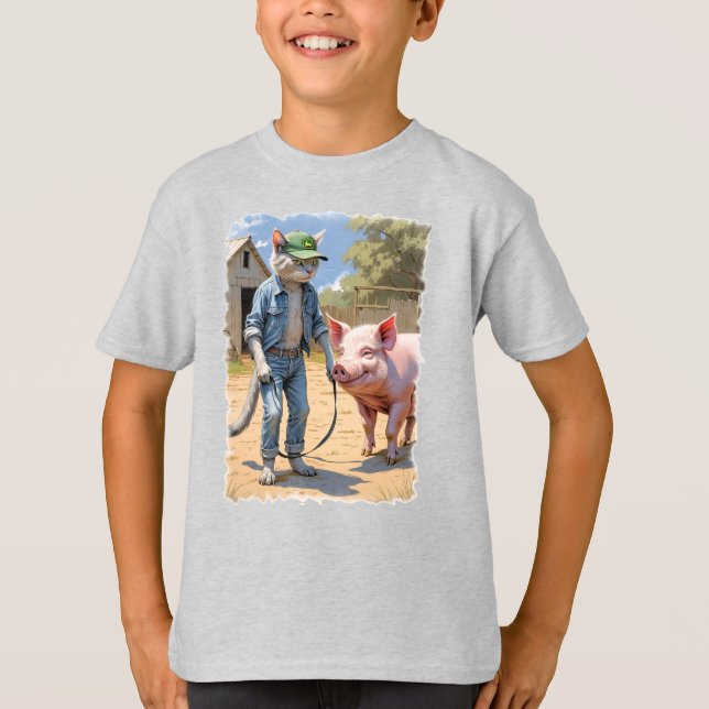 Farm Cat på barnyard med lycklig gris! T Shirt (Framsida)