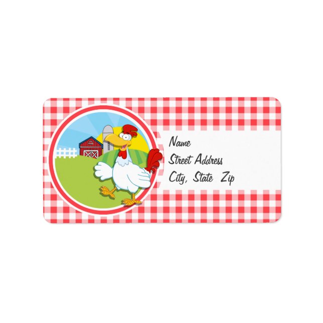 Farm Chicken; Red and White Gingham Adressetikett (Framsidan)