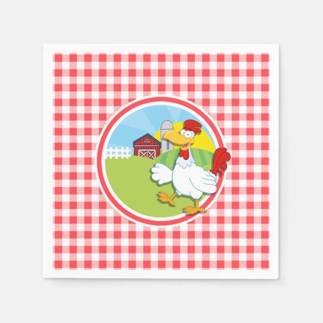 Farm Chicken; Red and White Gingham Pappersservett (Framsidan)