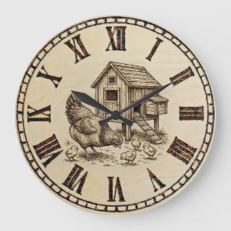 Farm Chicken Wall Clock – Wood-Burned style  Stor Klocka