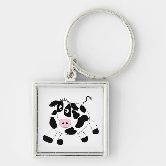 Farm Cow Fyrkantig Silverfärgad Nyckelring (Framsidan)