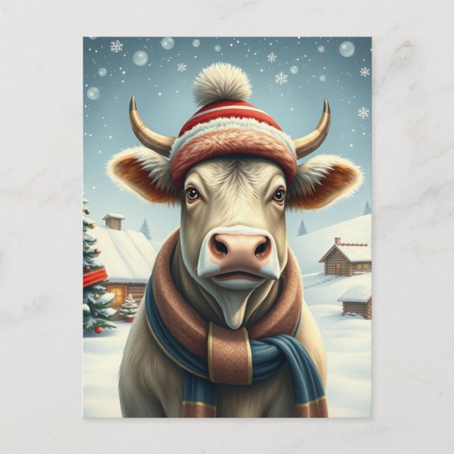 Farm Cow i Preppy Winter Attire och Hat Winter Helg Vykort (Framsida)