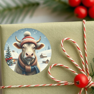 Farm Cow i Preppy Winter Attire och Hat Winter Runt Klistermärke