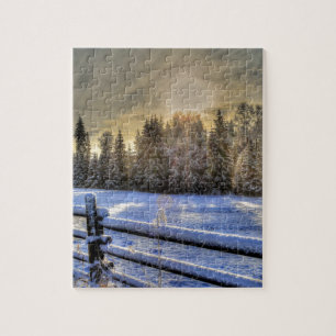 Farm Fält i Winter Snö vid Sunrise Pussel