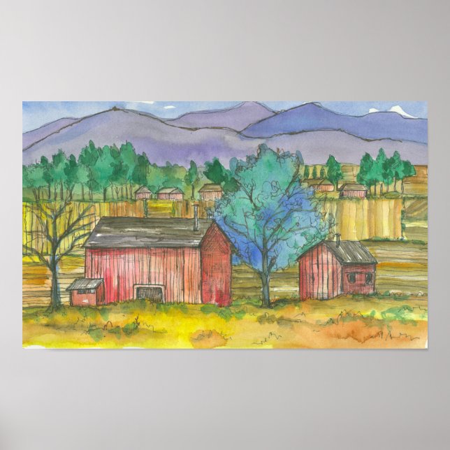 Farm Fält Red Barns Watercolor liggande Poster (Framsidan)