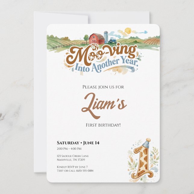 Farm First Birthday Invitation Moo-ving Into One Inbjudningar (Framsida)