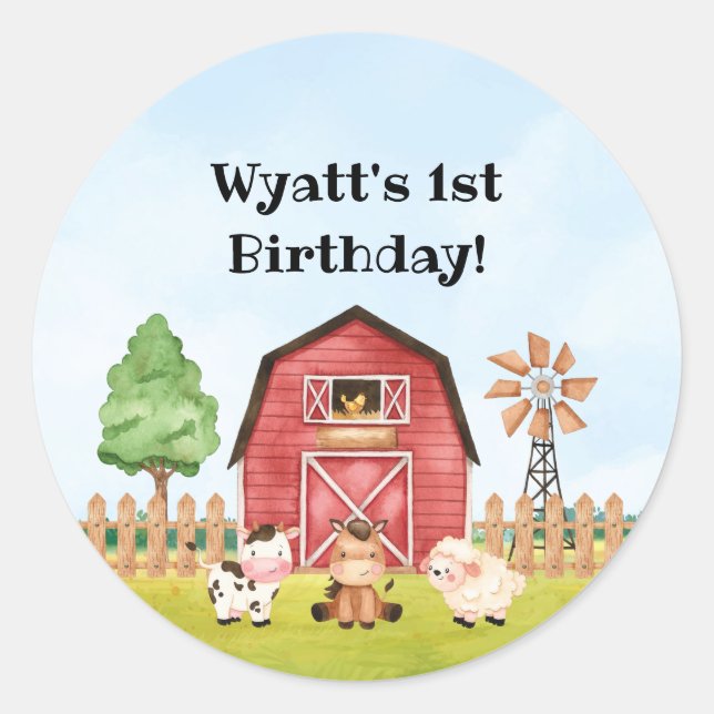 Farm First Birthday Stickers Runt Klistermärke (Framsida)