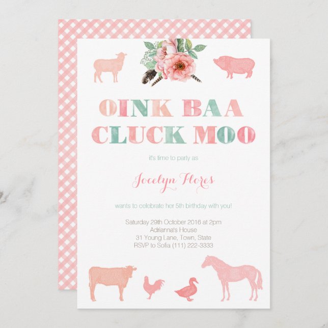 Farm Födelsedagsfest for Girl, Oink Baa Cluck Moo Inbjudningar (Fram/baksida)