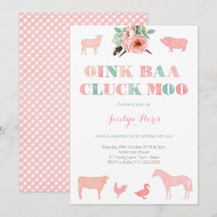 Farm Födelsedagsfest for Girl, Oink Baa Cluck Moo Inbjudningar
