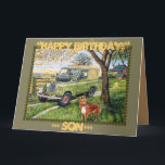 "FARM"~födelsedagskort för son Kort<br><div class="desc">"FARM"födelsedagskort: formulering inom~ ... SON... "Grattis på födelsedagen!"
Gamla Stil~Land Rover och Hund.
Design av GJLC JackCrisp.co.uk</div>
