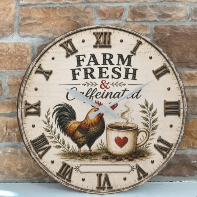 Farm Fresh & Caffeinated Rustic Rooster Coffee Stor Klocka (Skapare uppladdad)