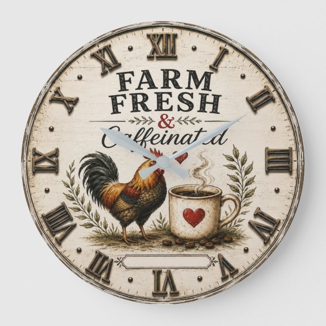 Farm Fresh & Caffeinated Rustic Rooster Coffee Stor Klocka (Framsida)