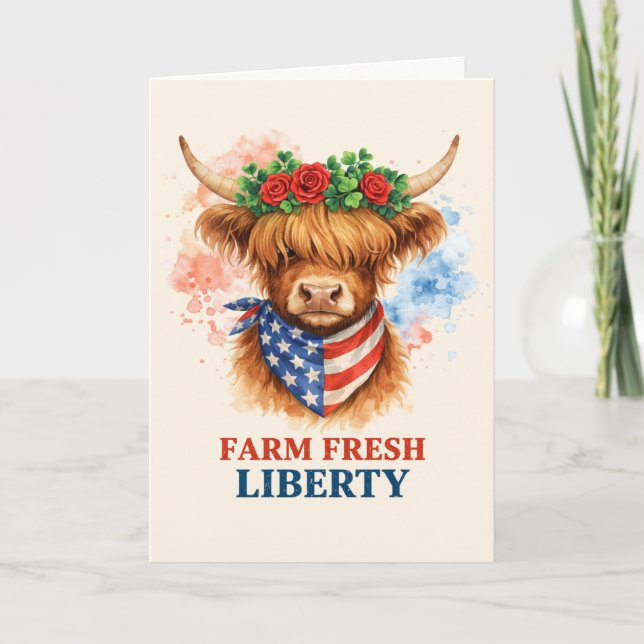 Farm Fresh Liberty Highland Cow Patriotic USA Art Kort (Framsida)