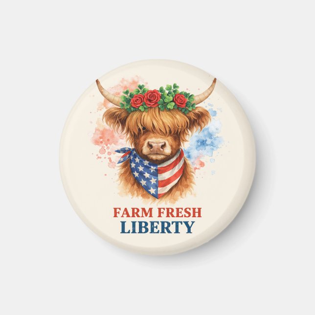 Farm Fresh Liberty Highland Cow Patriotic USA Art Magnet (Framsidan)