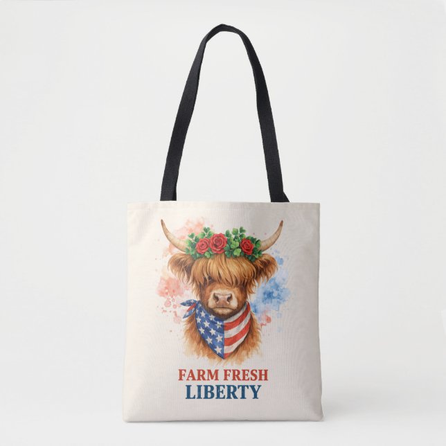 Farm Fresh Liberty Highland Cow Patriotic USA Art Tygkasse (Framsida)