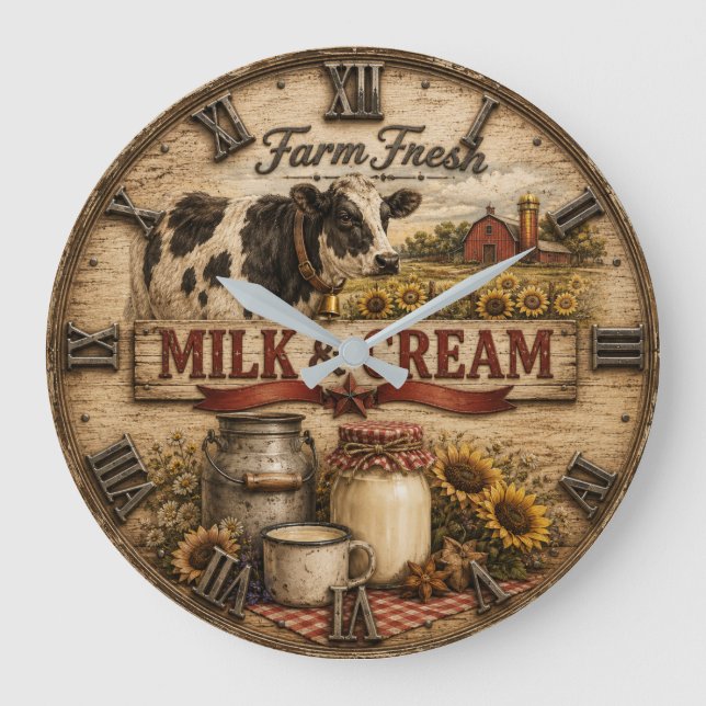Farm Fresh Milk & Cream Rustic Dairy Farm Stor Klocka (Framsida)