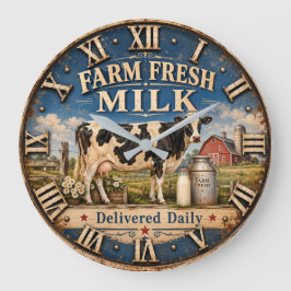 Farm Fresh Milk Dairy Cow Rustic Farmhouse Barn Stor Klocka
