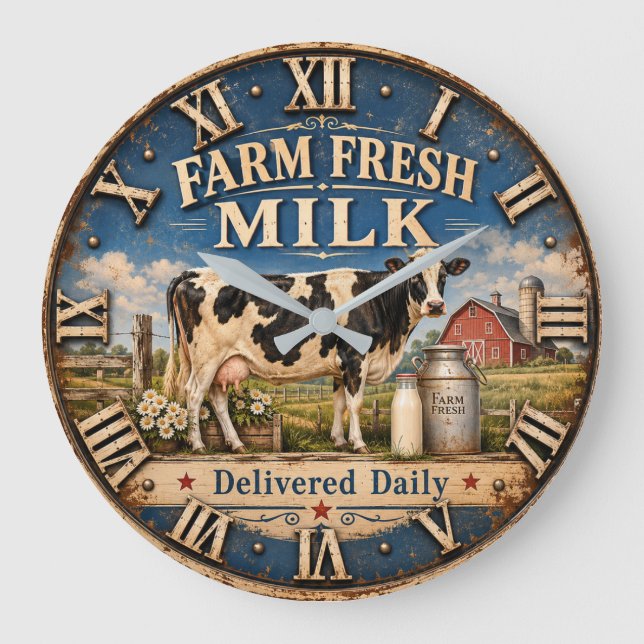 Farm Fresh Milk Dairy Cow Rustic Farmhouse Barn Stor Klocka (Framsida)