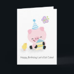 Farm Friends Playful Gris Grattis på födelsedagen  Kort<br><div class="desc">Grattis på födelsedagen! Låt oss Eat Cake! Det här dyrbara hälsningskortet för smågrisar kommer säkert att ge ett leende på varje födelsedag i ansikte. Insidan är tom så att den som ger kan lägga till sin egen personliga eller konstnärliga beröring. Klicka på "Anpassa den här mallen" om du vill skriva...</div>