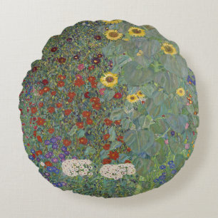 Farm Garden med solblommor av Gustav Klimt Rund Kudde