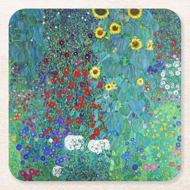 Farm Garden med solblommor, Gustav Klimt Underlägg Papper Kvadrat (Framsidan)