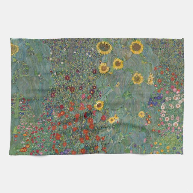 Farm Garden Sunblommor av Gustav Klimt Painting Kökshandduk (Horisontell)