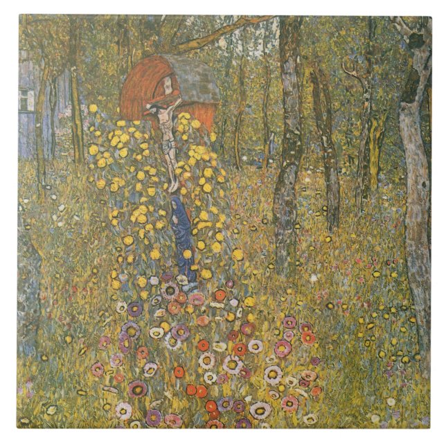 Farm Garden With Crucifix (av Gustav Klimt) Kakelplatta (Framsidan)