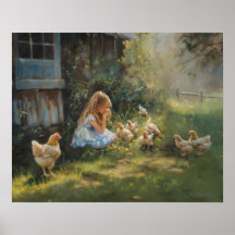 Farm Girl med Chickens Farmhouse Homestead art