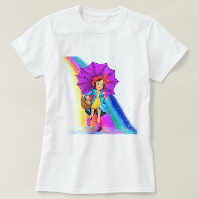 Farm Girl med Umbrella Rainbow T-Shirt (Design framsida)