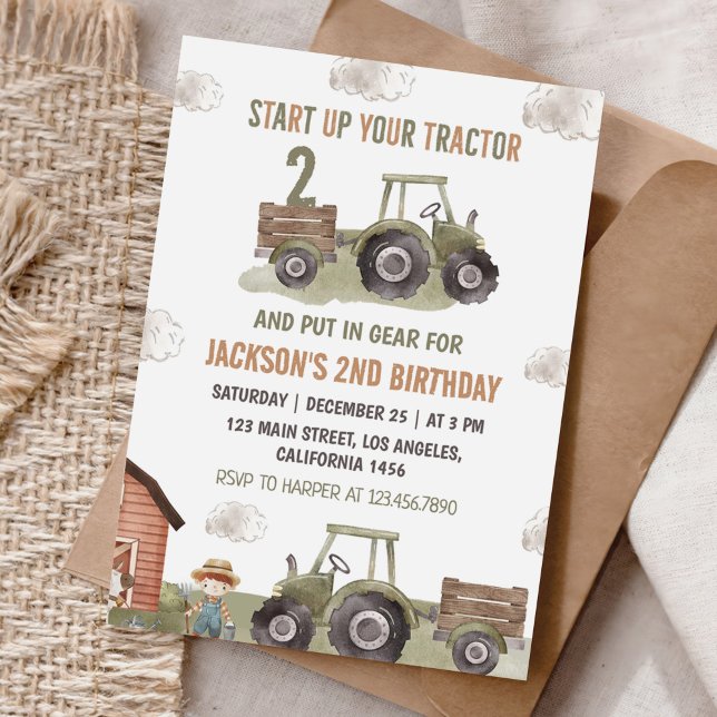 Farm Grönt Tractor 2:a födelsedagen Inbjudningar (Skapare uppladdad)