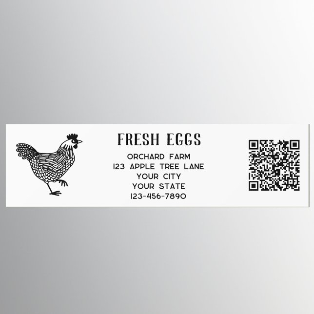 Farm Hen Fresh Eggs QR-kod Bildekal (Fresh Eggs chicken hen bumper sticker with custom text, farm details and QR code)