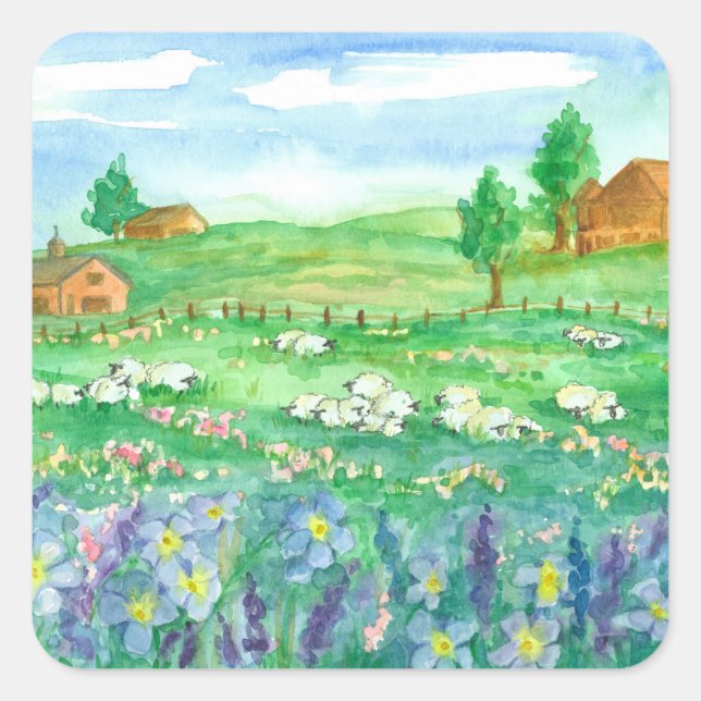Farm House Sheep Fyrkantigt Klistermärke (Framsida)