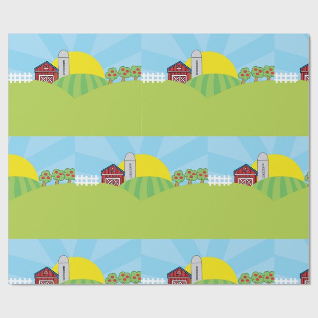 Farm Landscape Red Barn Silo Apple Trees Presentpapper (Platt)