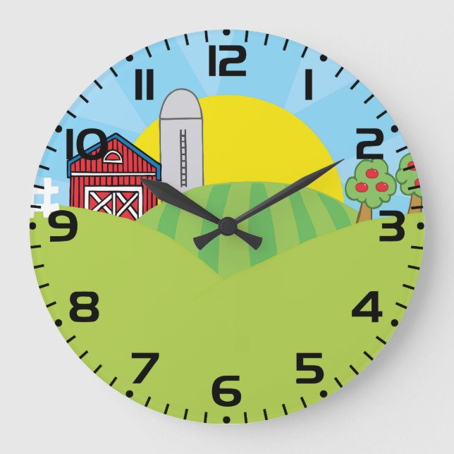 Farm Landscape Red Barn Silo Apple Trees Stor Klocka (Framsida)