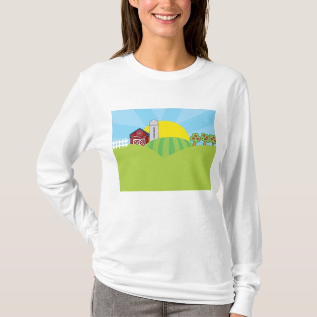 Farm Landscape Red Barn Silo Apple Trees T Shirt (Framsida)