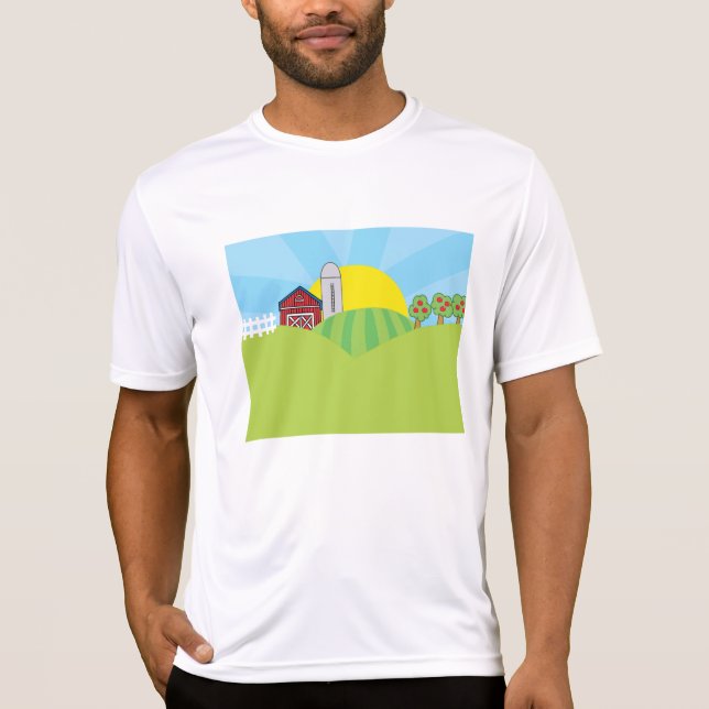 Farm Landscape Red Barn Silo Apple Trees T Shirt (Framsida)